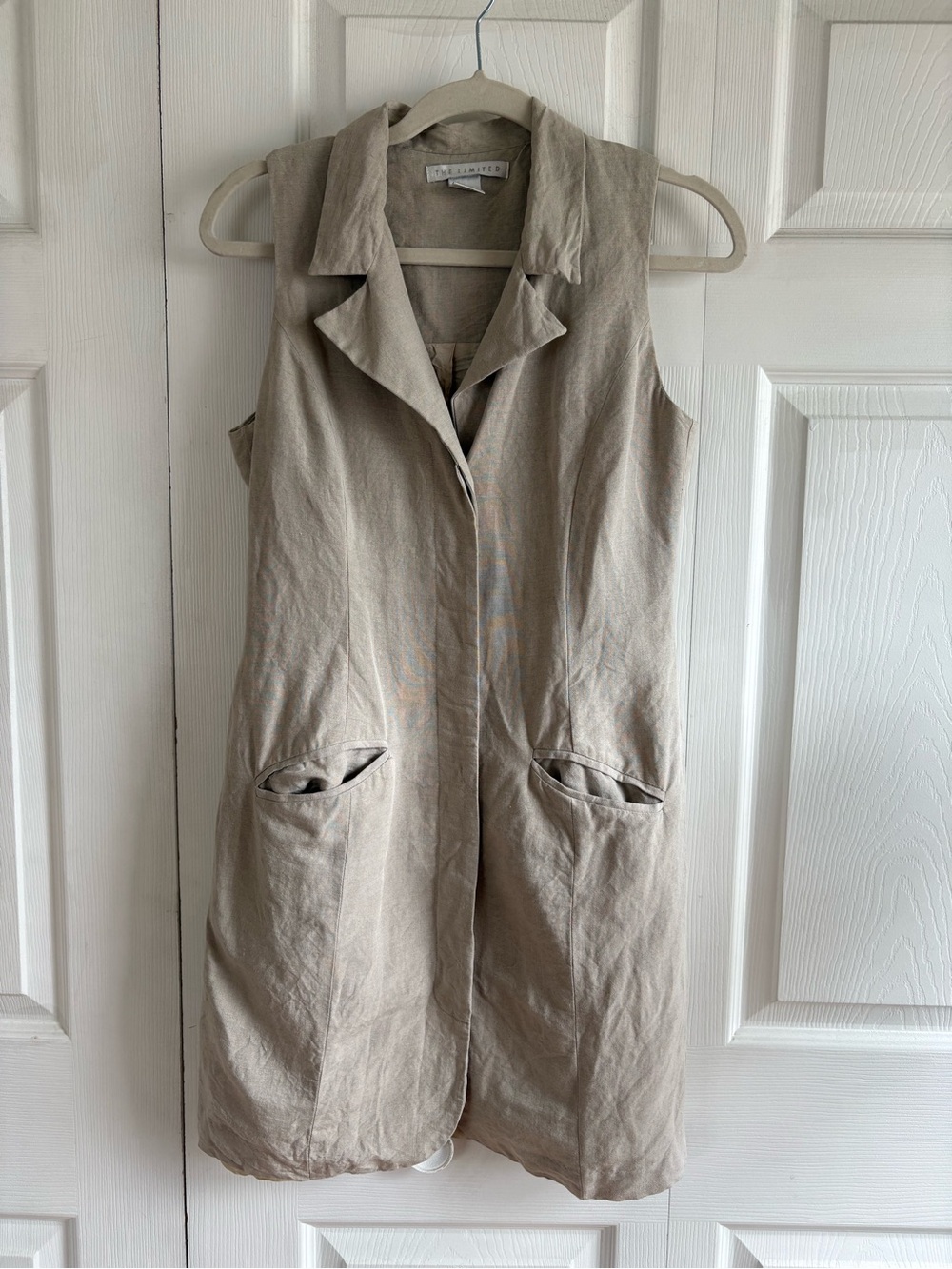 The Limited Linen Blend Button Long Vest Blazer Lagenlook Career Academia 6 Tan